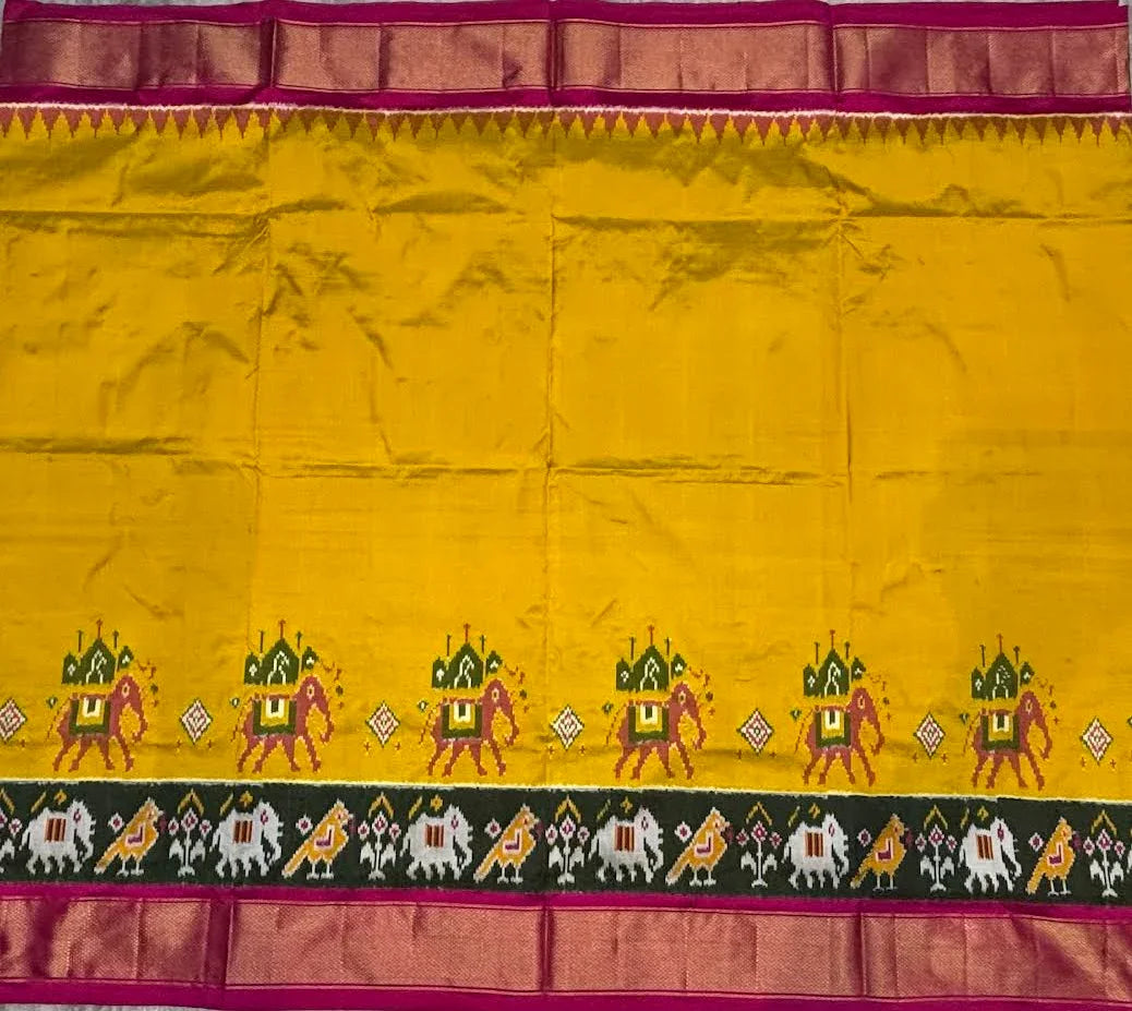 Authentic Pure Ikkat Silk Saree in Yellow & Magenta with Traditional Motifs - pochampallysarees.com