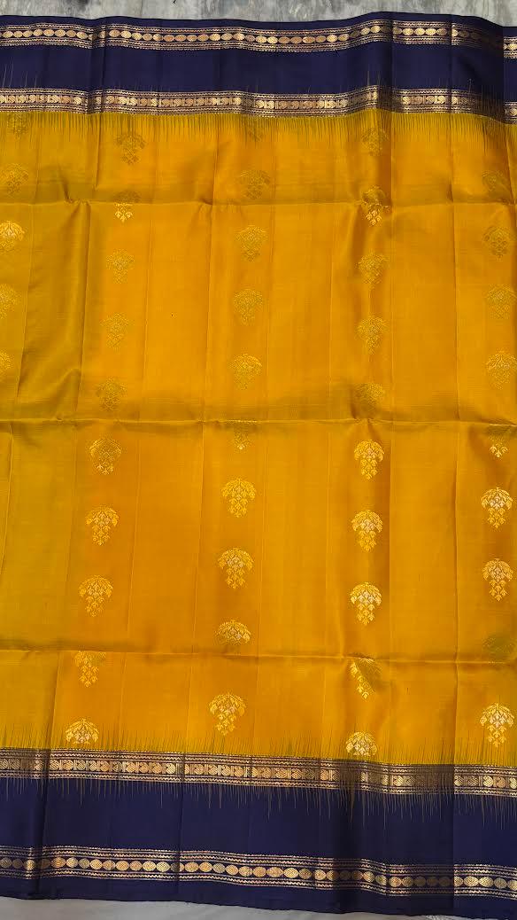 Yellow & Navy Blue Pure Kanchipuram Pattu Saree With Price - pochampallysarees.com