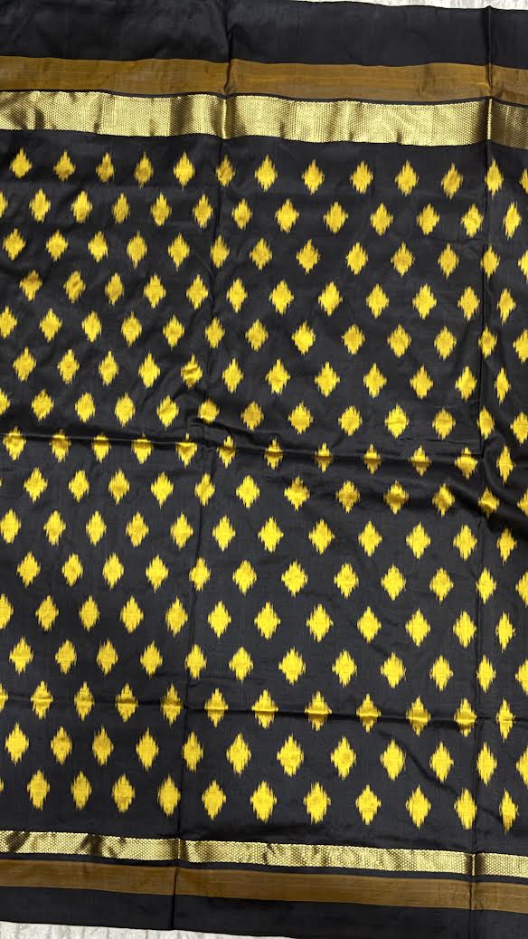 Striking Golden Yellow & Black Temple Border Ikkat Silk Saree