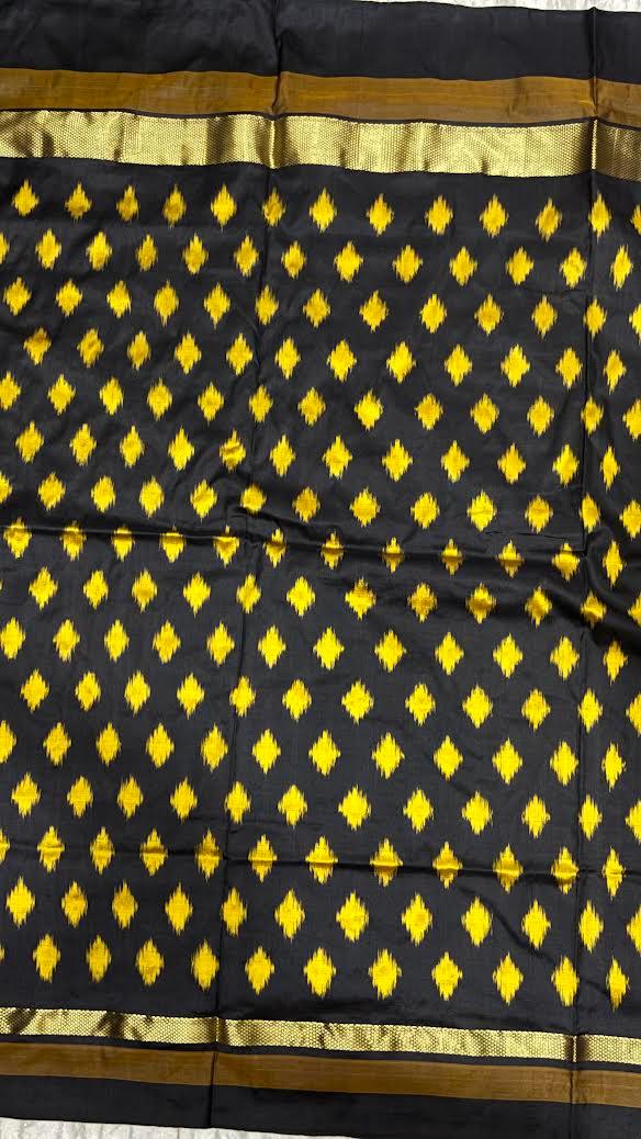 Striking Golden Yellow & Black Temple Border Ikkat Silk Saree - pochampallysarees.com