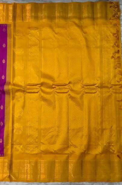 Pure Gadwal Silk Saree in Magenta and Mustard Yellow with Zari Border - pochampallysarees.com