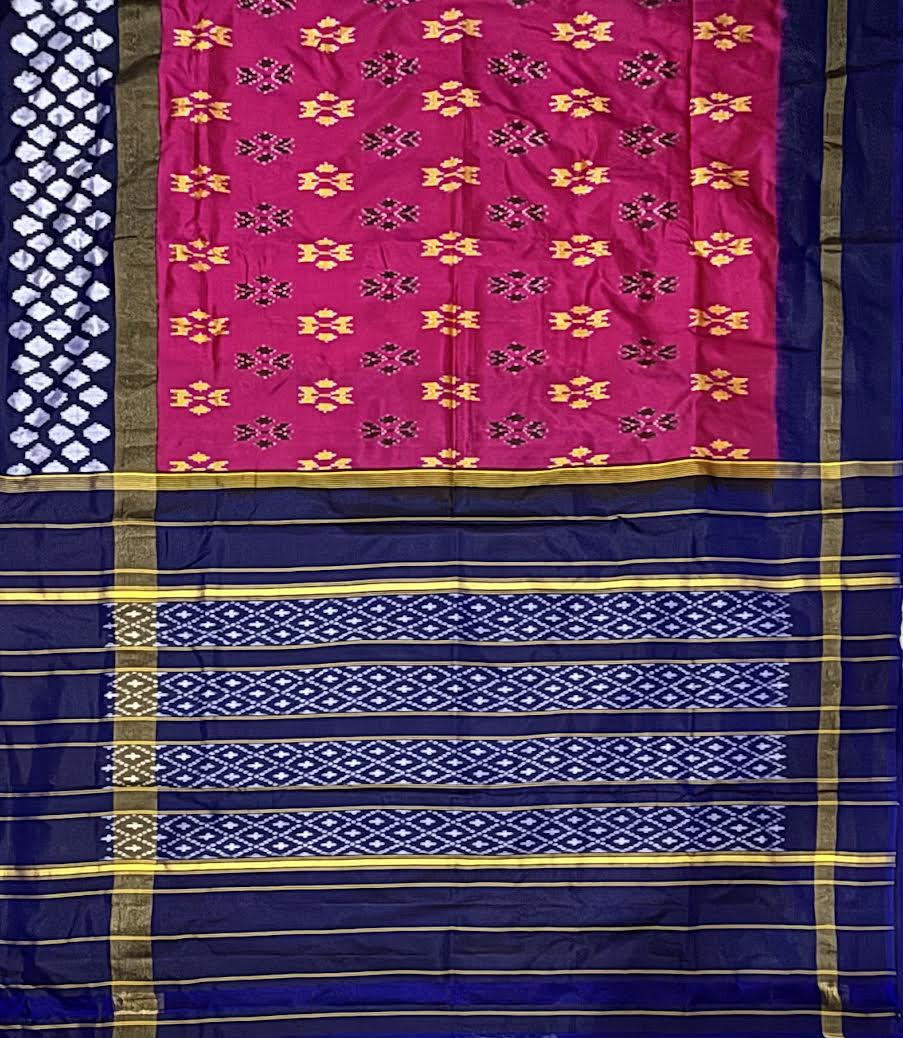 Vibrant Magenta Pink & Navy Blue Pure Ikkat Silk Saree with Geometric Motifs