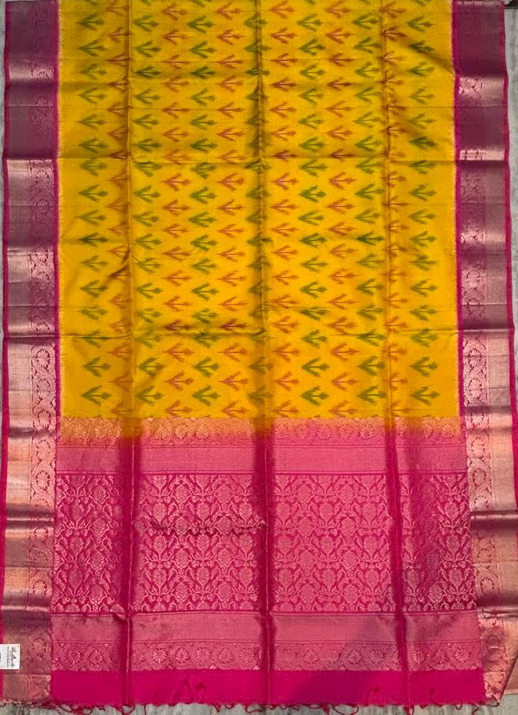 Kanchi Pure Soft Silk Ikat Body Saree with Pink Pallu - pochampallysarees.com