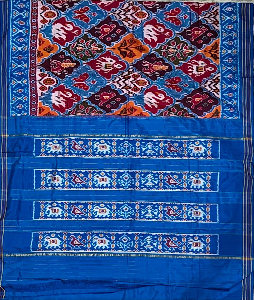 Royal Blue & Maroon Patola-Inspired Ikat Silk Saree with Traditional Elephant Motifs - pochampallysarees.com