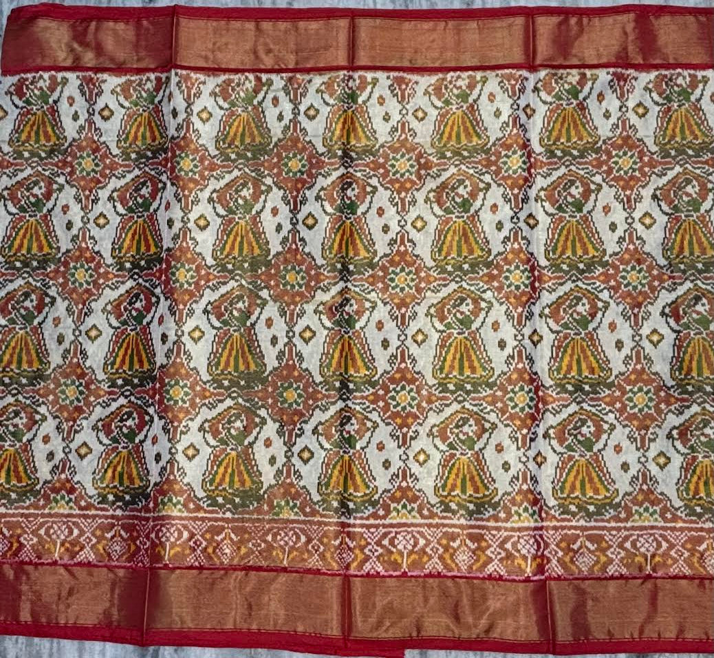 Pochampally Ikat Silk Tissue Patola Saree with Red & Gold Zari Border