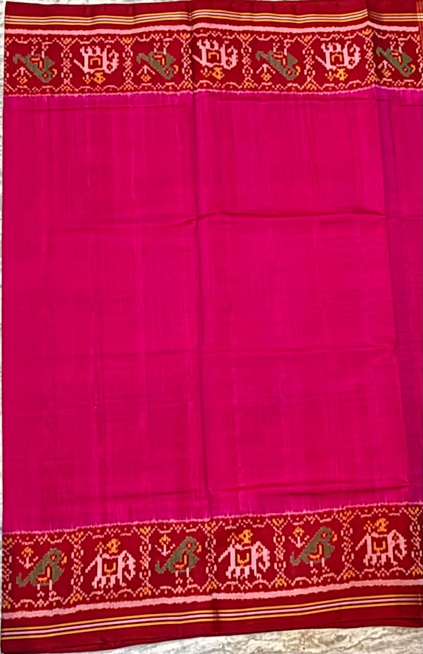 Vibrant Magenta Pure Real Patola Silk Saree with Red Elephant Motif Border