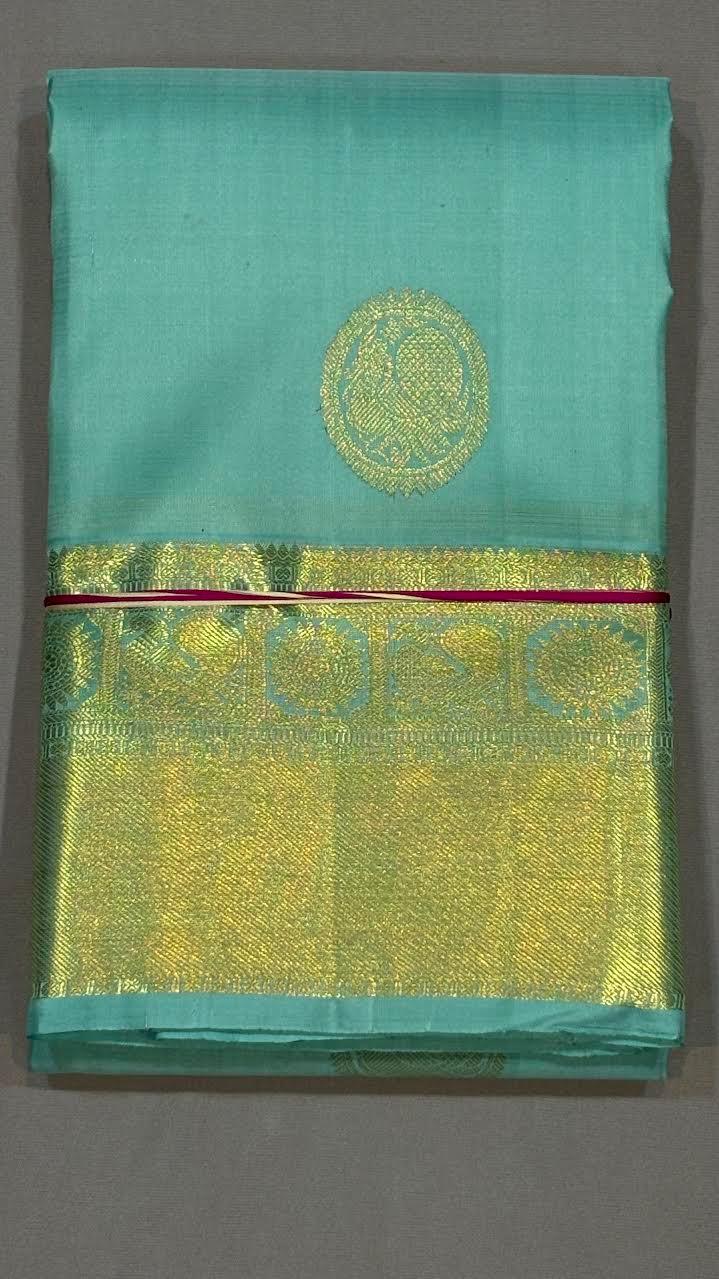 Light Blue Pure Kanchipuram Pattu Saree with Gold Zari | Authentic Kanchi Sarees - pochampallysarees.com