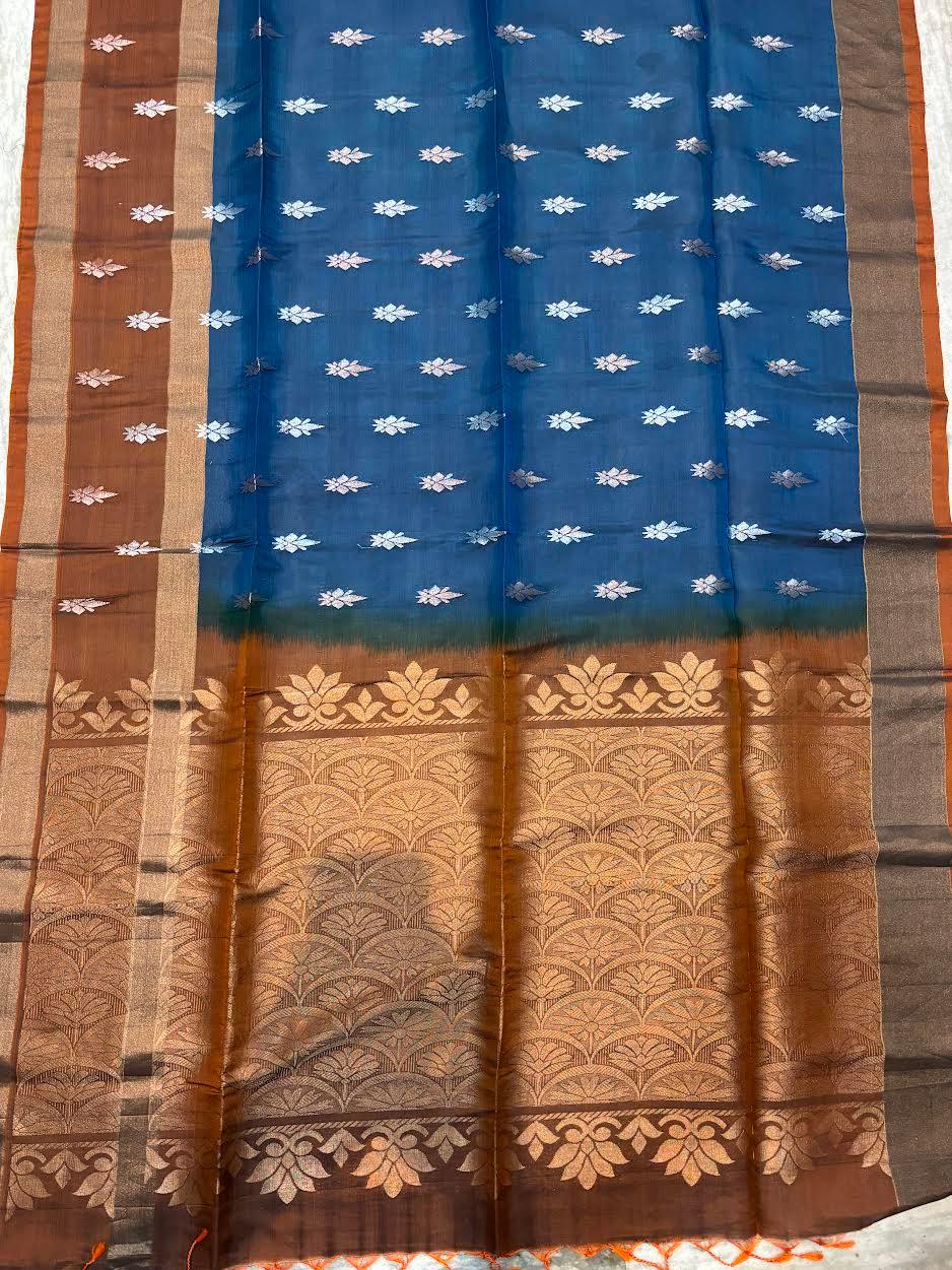 PURE SOFT SILK SAREE BLUE AND BROWN WITH ALLOVER BUTTI DESIGN WEAVES IN BORDER AND PALLU TISSUE STYLE - pochampallysarees.com