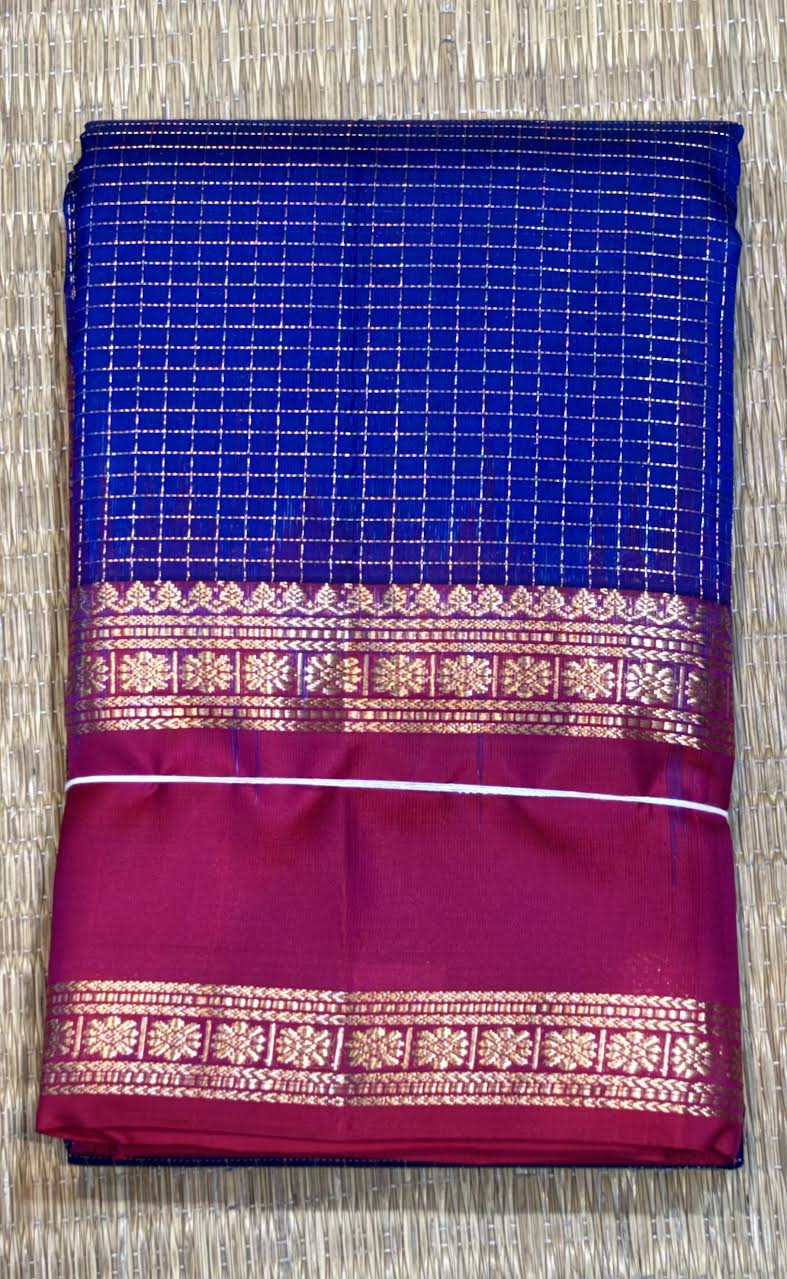 Blue Kanchi Silk Saree with Red zari Checks Pallu & Blouse