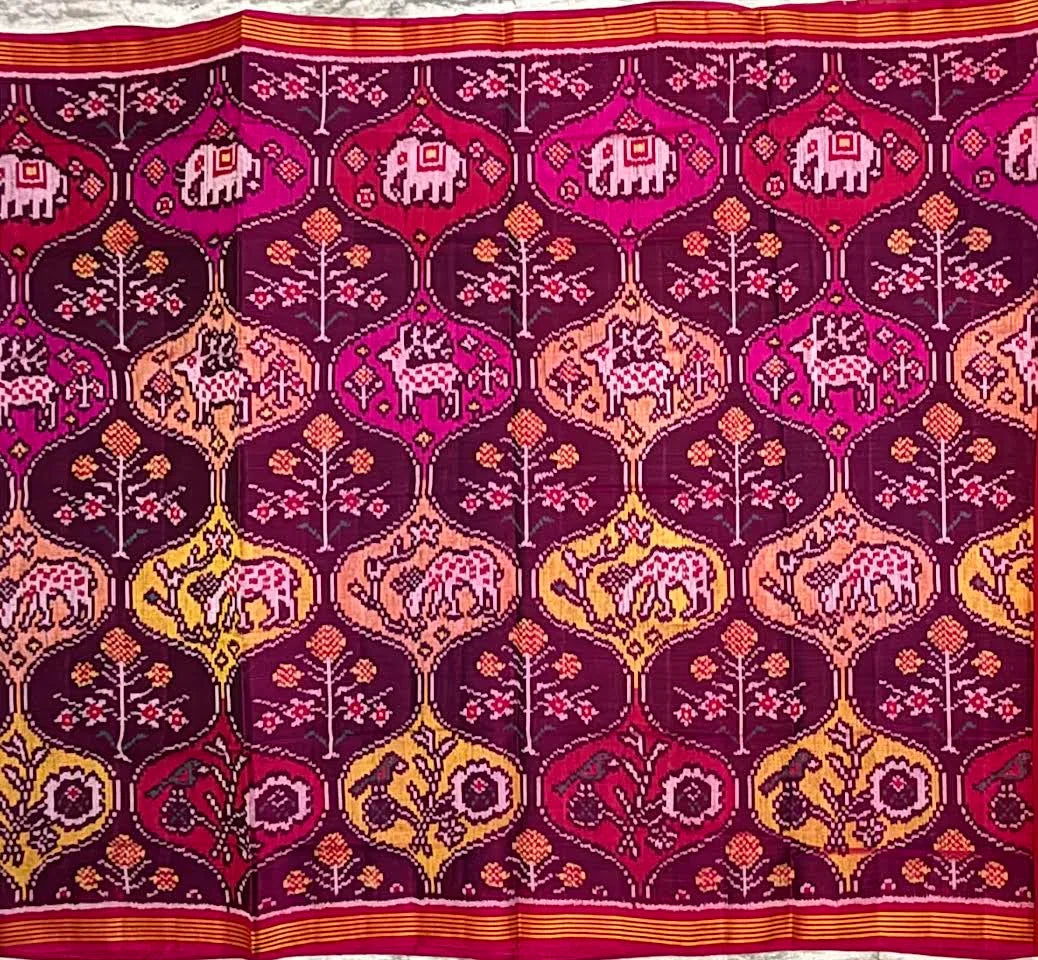 Pure Real Patola Silk Saree in Magenta with Traditional Elephant & Floral Motifs - pochampallysarees.com