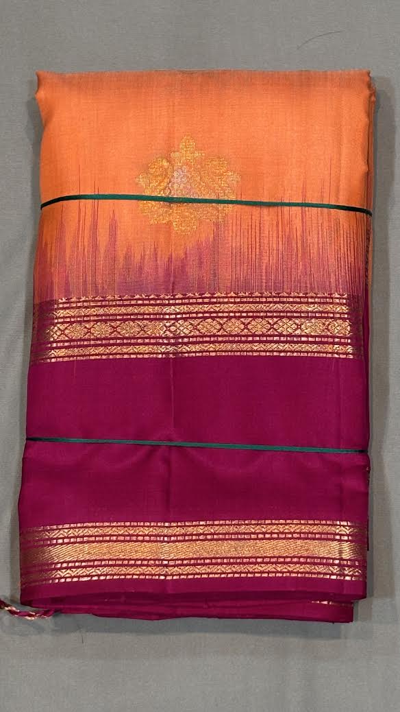 Authentic Orange Kanchipuram Silk Saree with Contrast Pink Zari Border