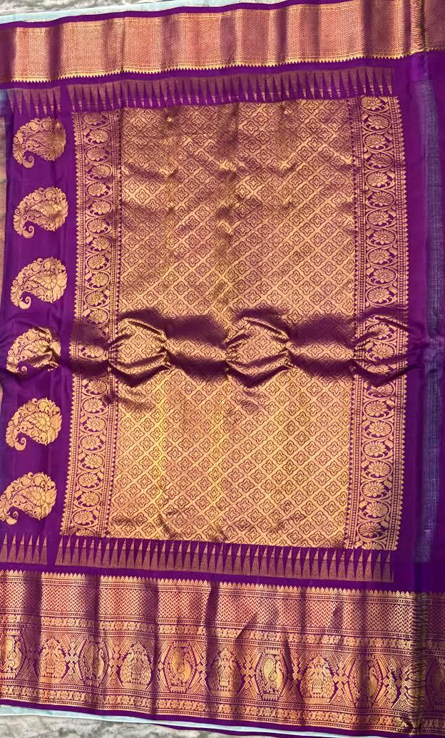 Pure Gadwal Silk Saree in Rama Green and Lavender with Pure Zari Border - pochampallysarees.com