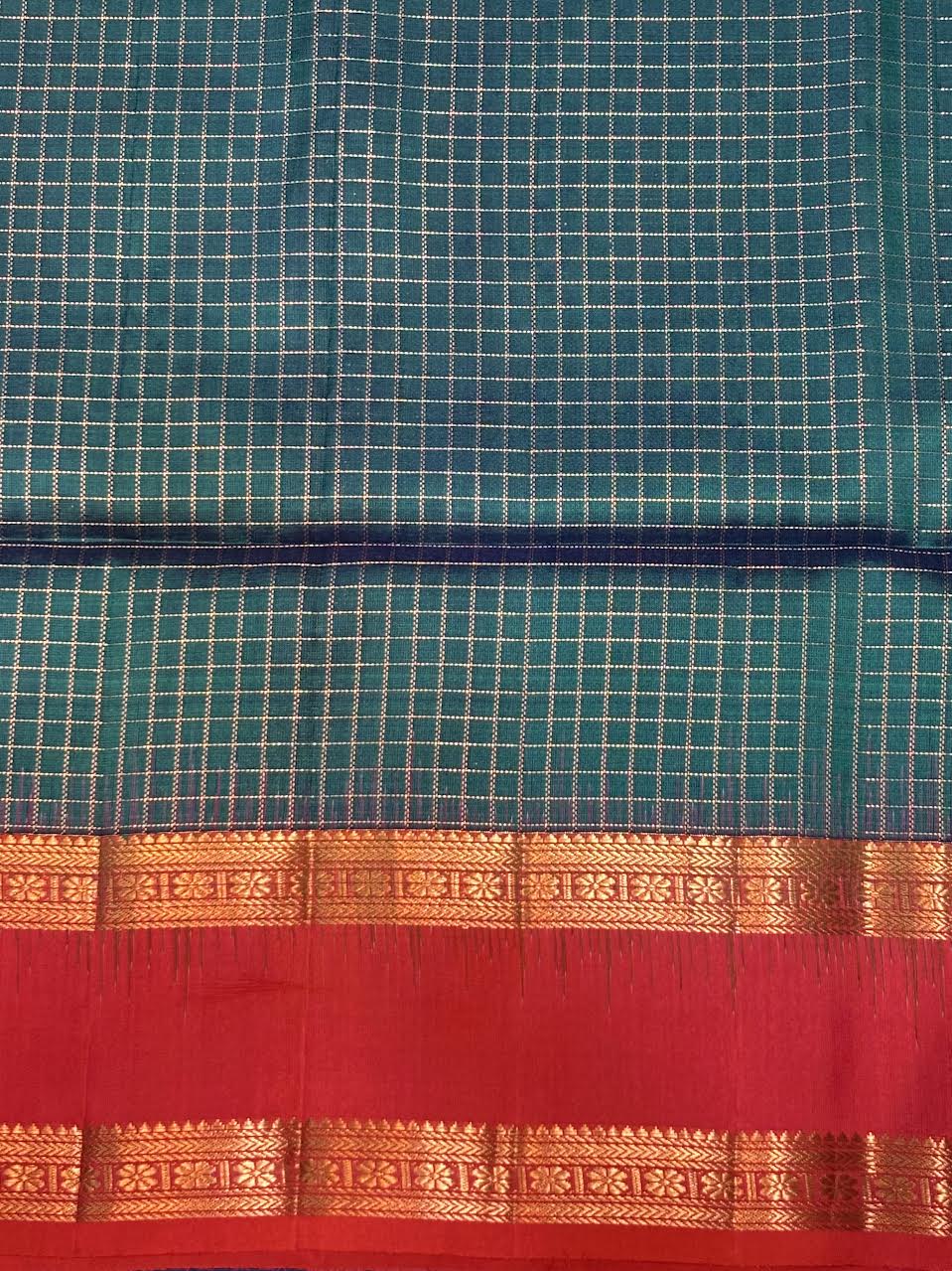 Peacock Green and Crimson Red Zari Check Silk Saree With Silk mark