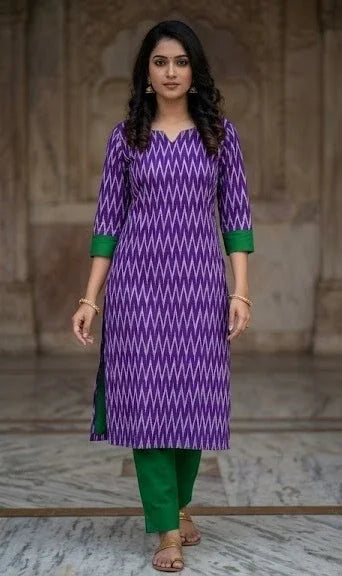 Purple Zig-Zag Ikat & Emerald Green Handloom Suit Set - pochampallysarees.com