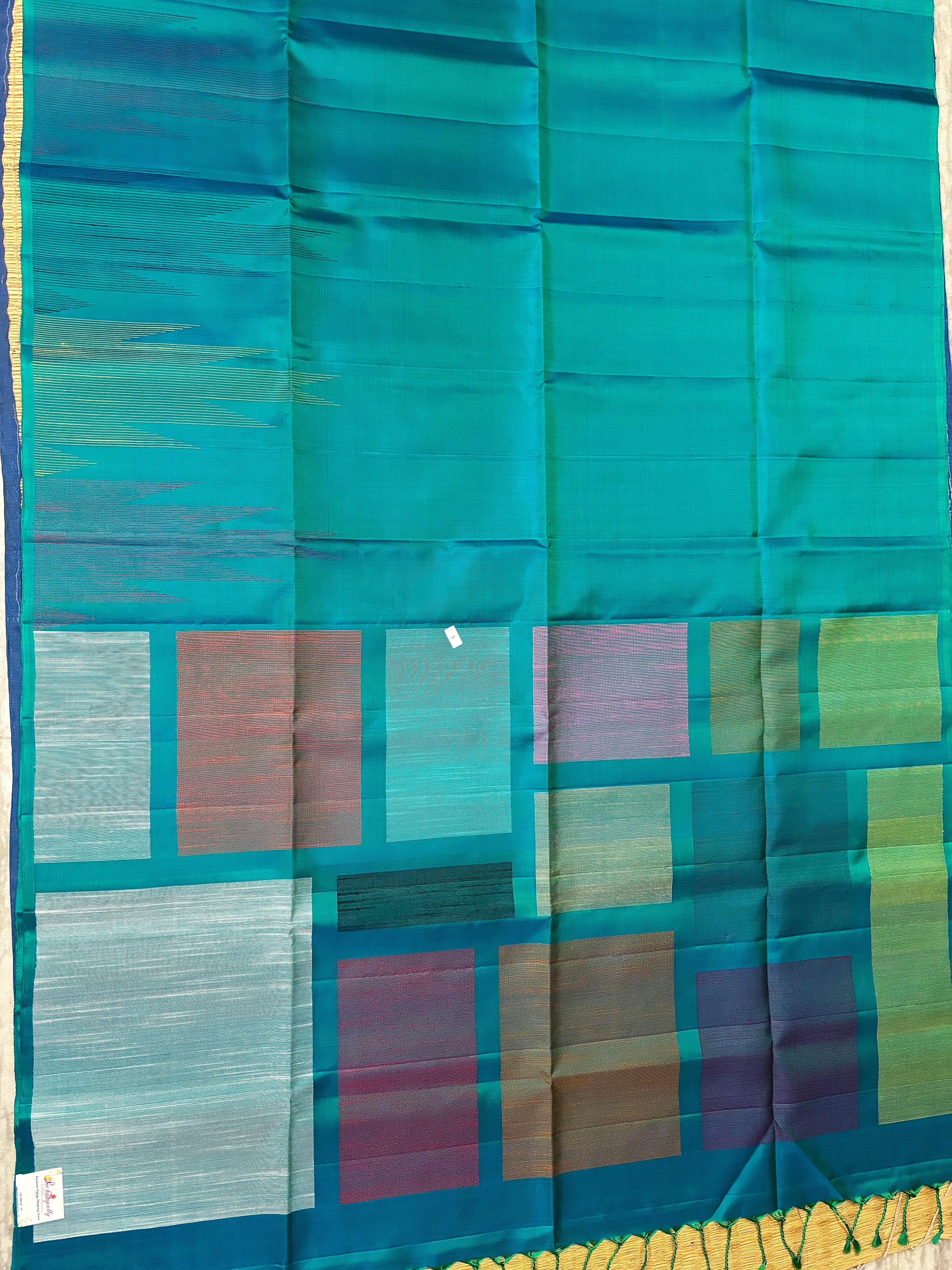 PURE SOFT SILK SAREE ANANDA BLUE AND ANANDA BLUE WITH ALLOVER ZARI WEAVES IN BORDER KANCHI TEMPLE STYLE - pochampallysarees.com