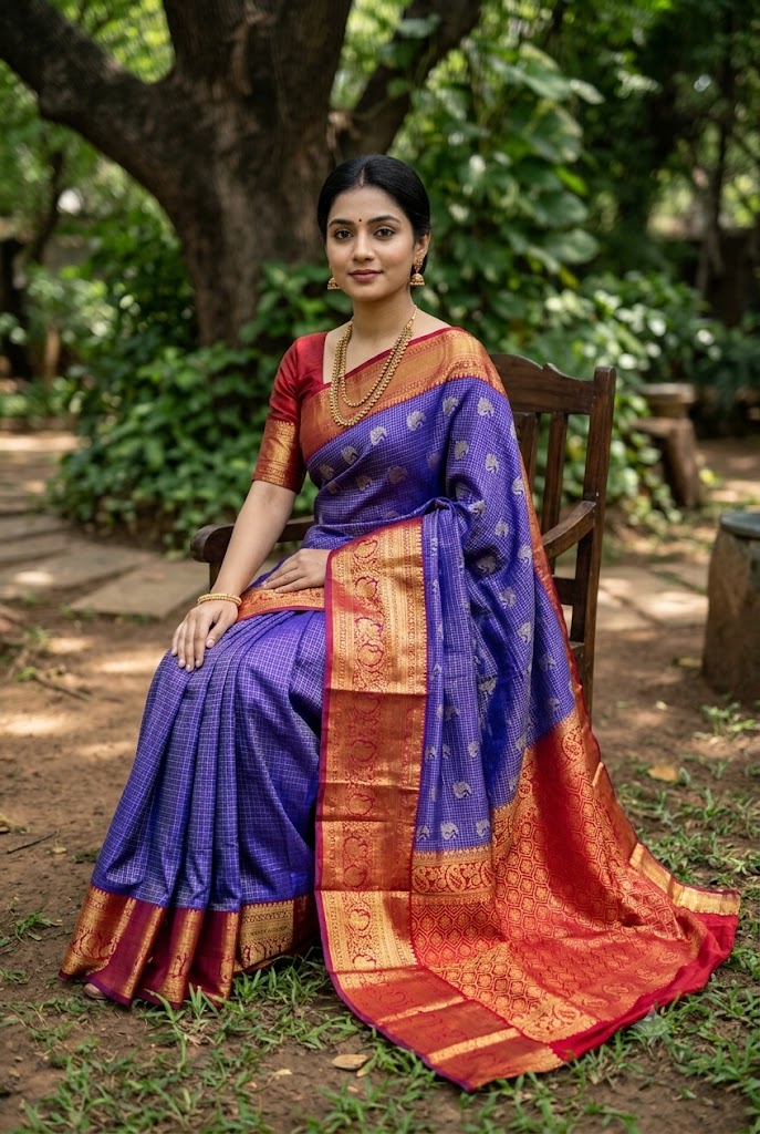 A graceful Indian woman seated on a wooden chair in a garden, wearing a royal blue and deep red semi-Dharmavaram silk saree with intricate gold zari checks, a heavy red border, and an ornate pallu, paired with traditional antique-gold jewelry.
