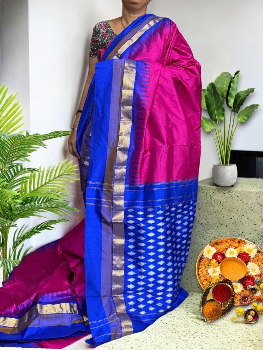 Semi Pochampally Ikkat Silk Pink Blue Sari - pochampallysarees.com