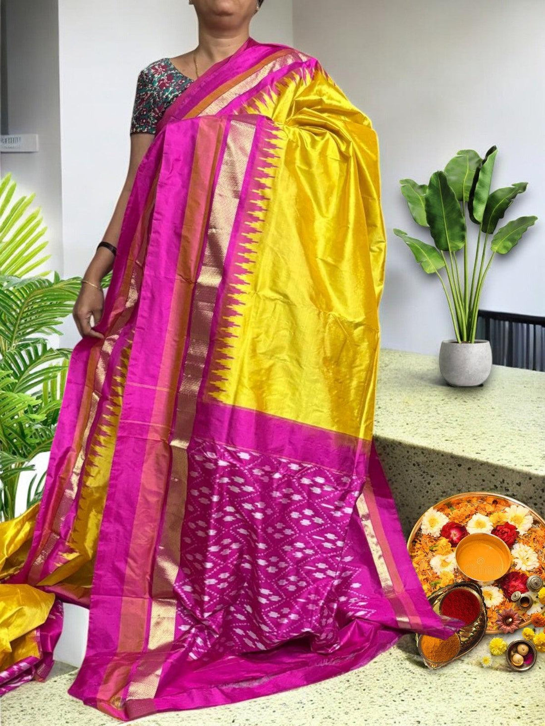 Semi Pochampally Ikkat Silk yellow Pink Sari - pochampallysarees.com