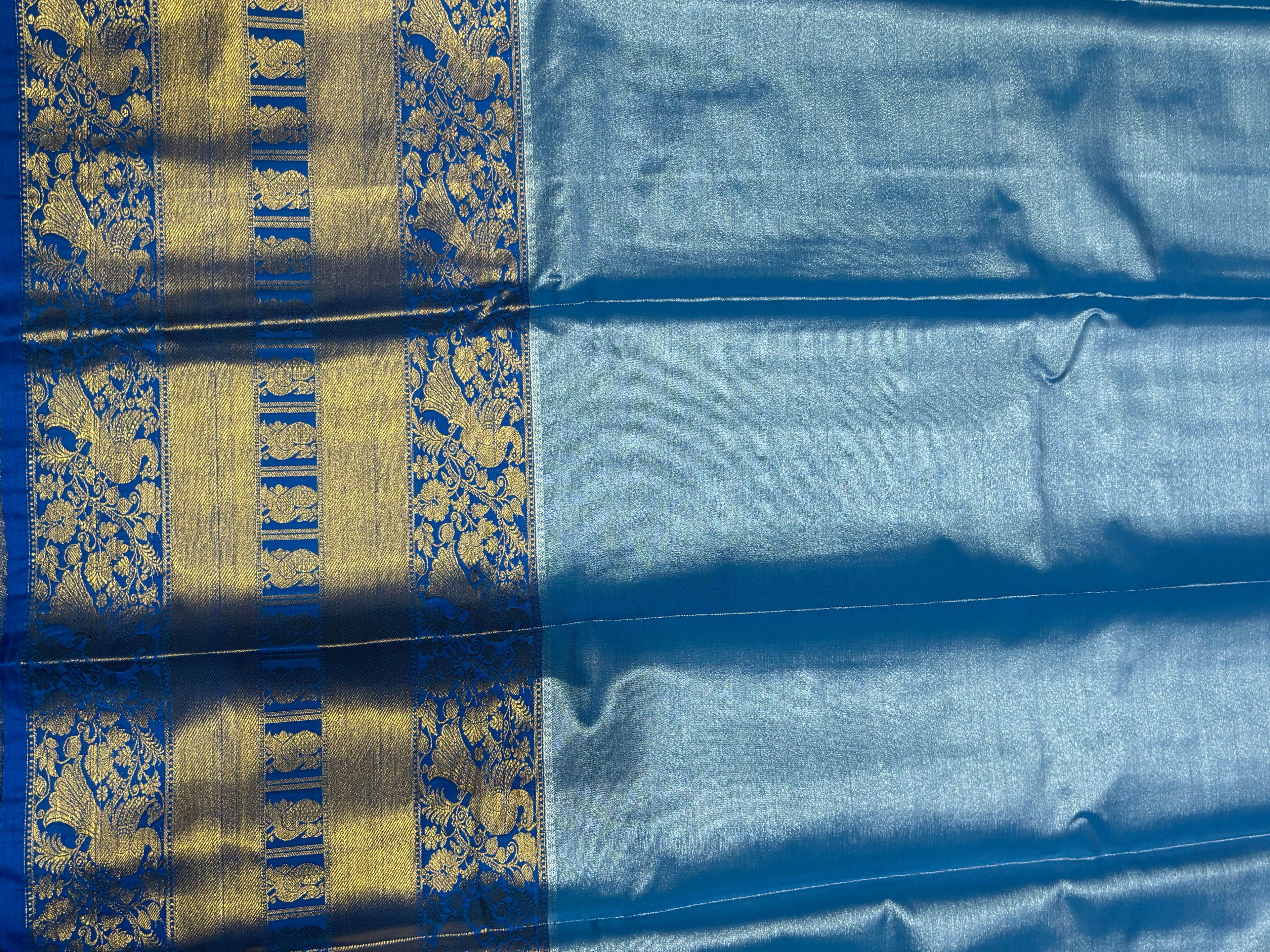 SOFT PATTU KANCHI BORDER BLUE MIDDLE GRAY - pochampallysarees.com
