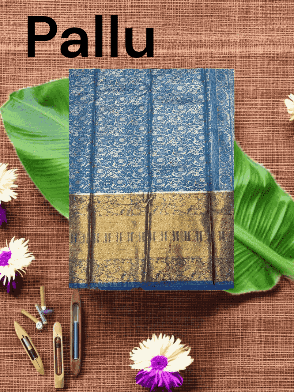 SOFT PATTU KANCHI BORDER BLUE MIDDLE GRAY - pochampallysarees.com