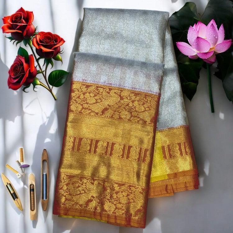 SOFT SILK PATTU KANCHI BORDER RED MIDDLE GRAY - pochampallysarees.com