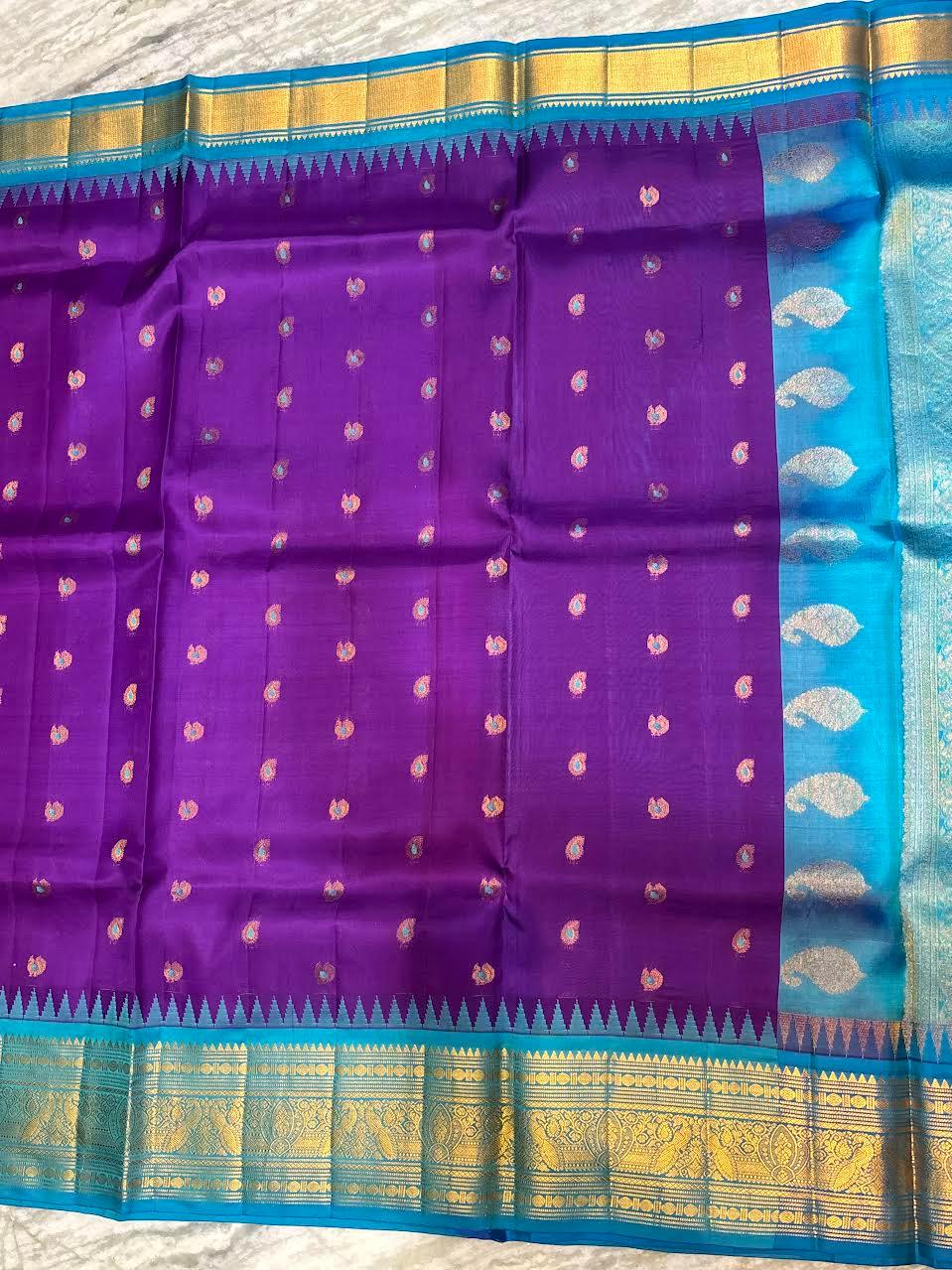 Pure Gadwal Silk Saree in Royal Purple & Turquoise Blue with Rich Gold Zari Border | Wedding Collection - pochampallysarees.com
