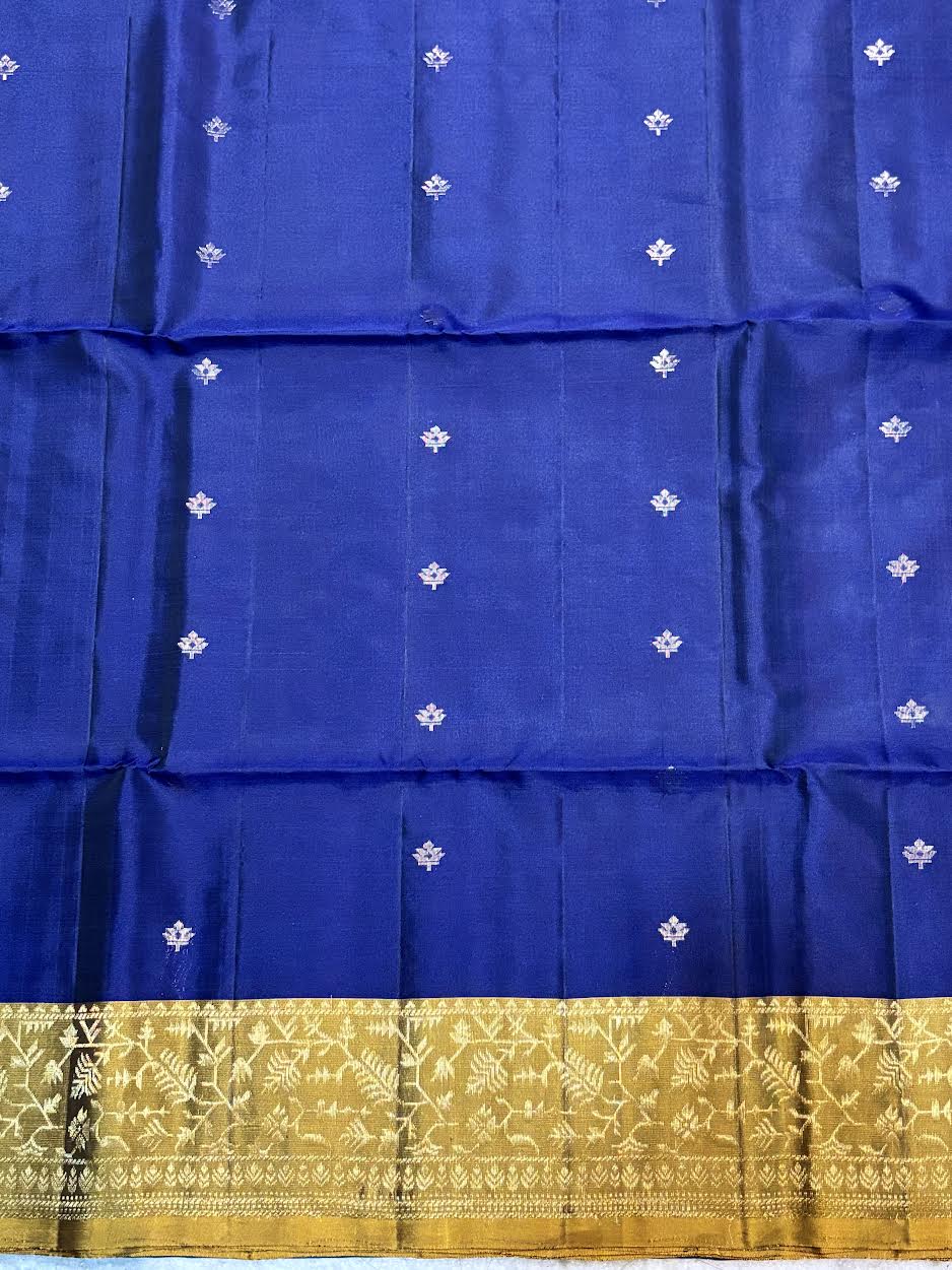 Royal Blue & Mustard Gold Kanchi Pattu Soft Silk Saree (Silk Mark Certified)