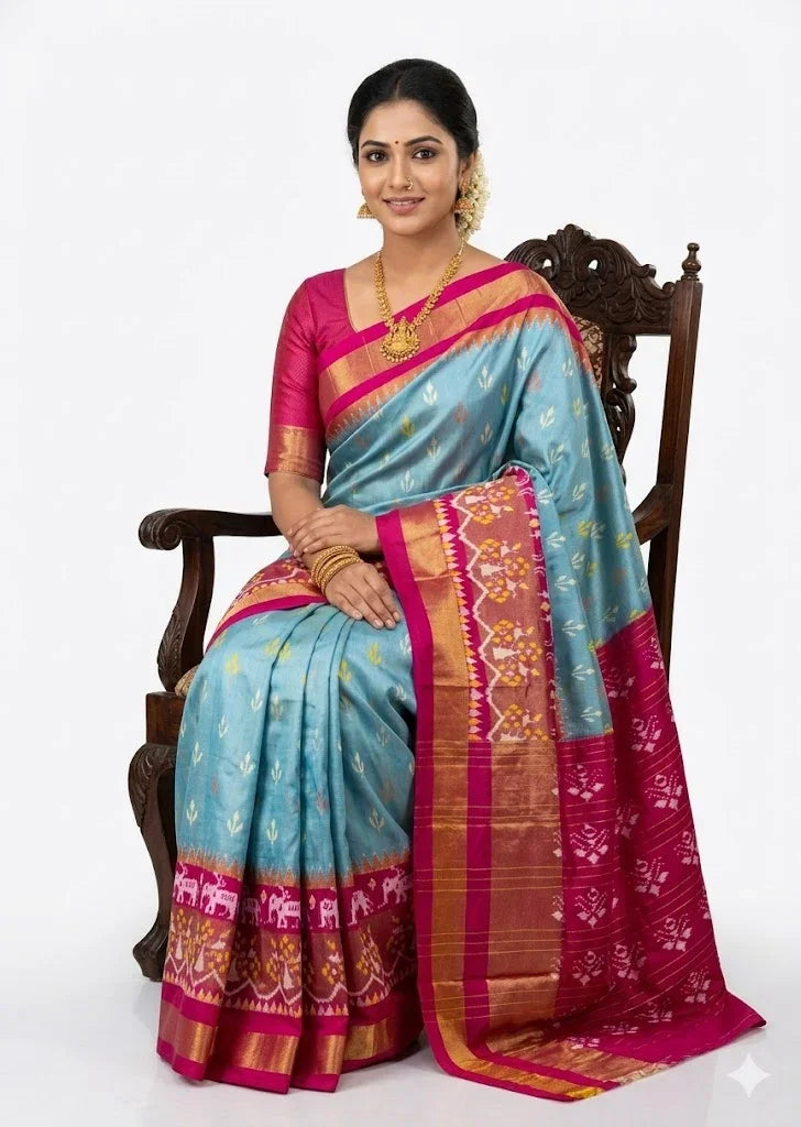 A beautiful Indian woman seated on an antique wooden chair wearing a traditional light blue silk saree with a striking contrast deep pink Ikat patola-style border featuring elephant motifs and rich gold zari work, set against a full white background.