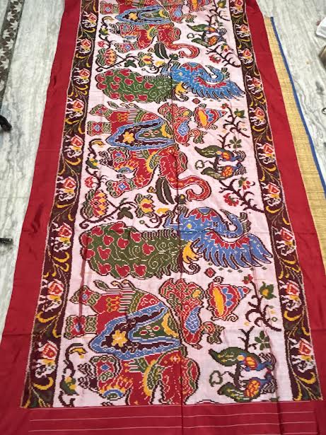 Handcrafted Ikkat Patola Silk Masterpiece Saree with Kalamkari Motif Body & Traditional Pallu