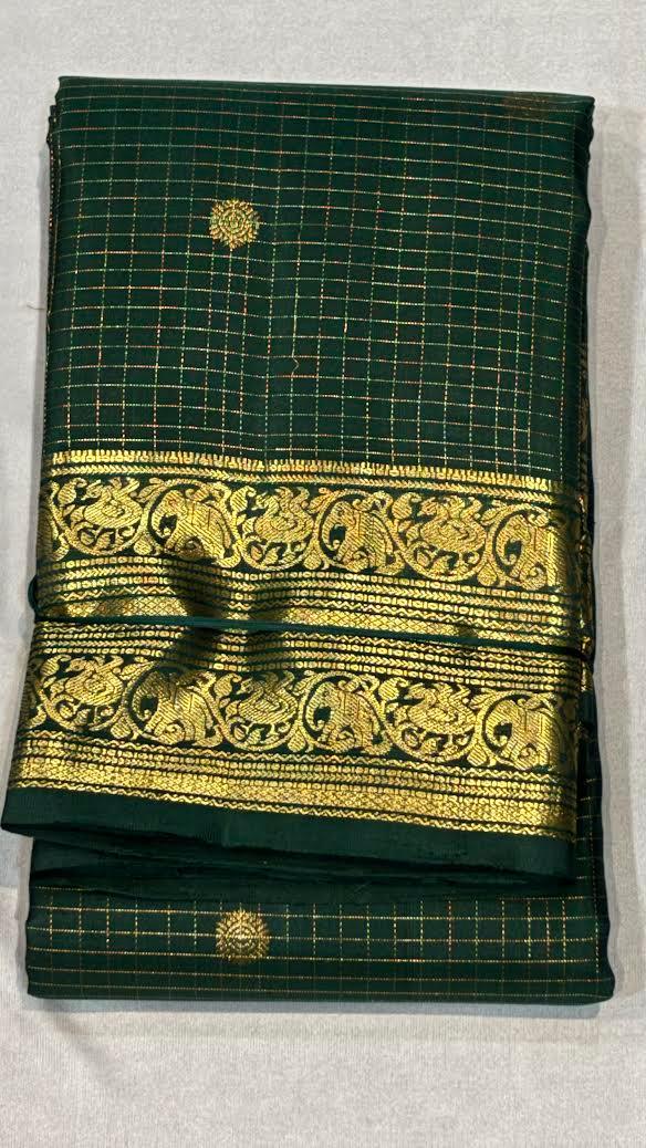 Dark Green Checkered Pure Kanchipuram Pattu Saree with Price Rich Gold Zari | Bridal Silk - pochampallysarees.com