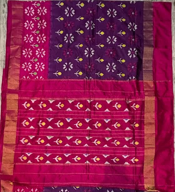 Regal Deep Purple & Pink Ikat Silk Saree with Rich Gold Zari - pochampallysarees.com