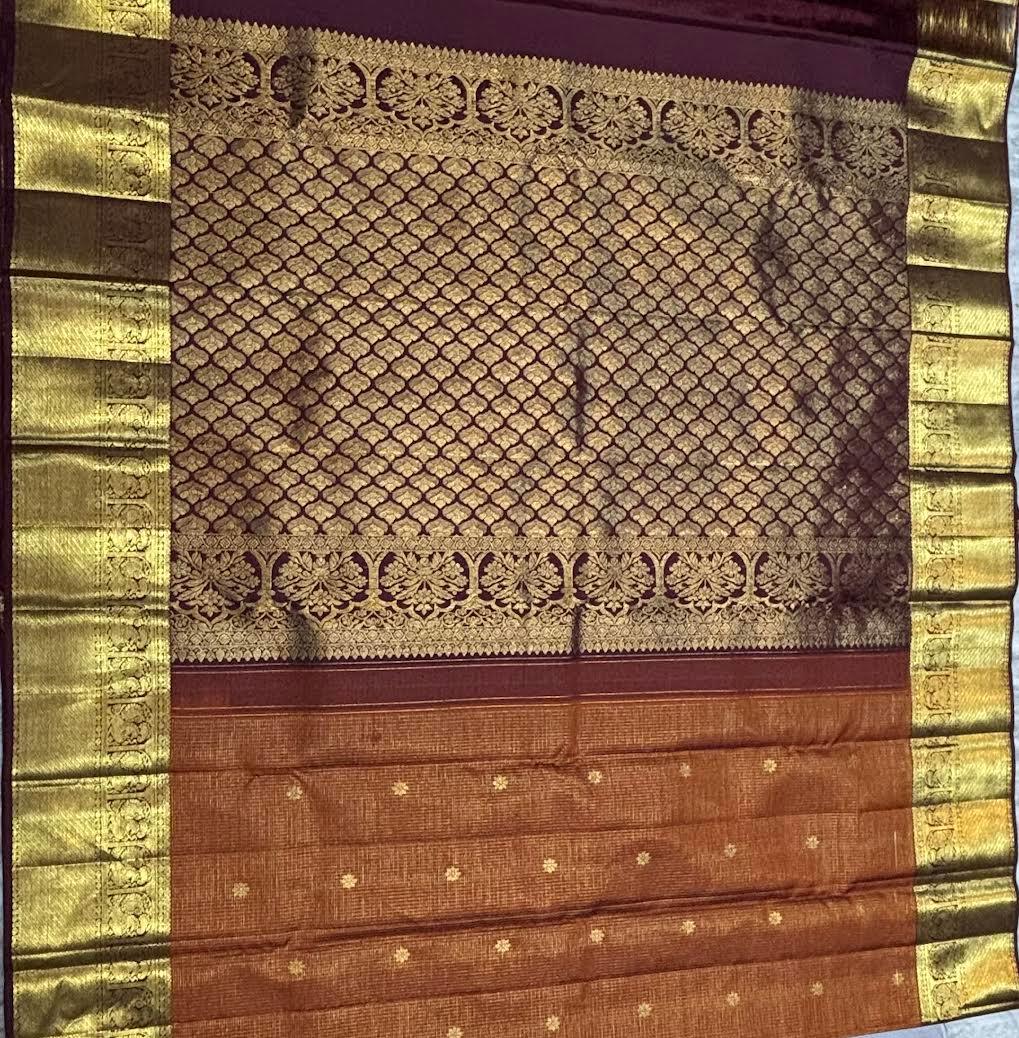 Original Brown Kanchipuram Pattu Saree with Maroon Zari Pallu - pochampallysarees.com
