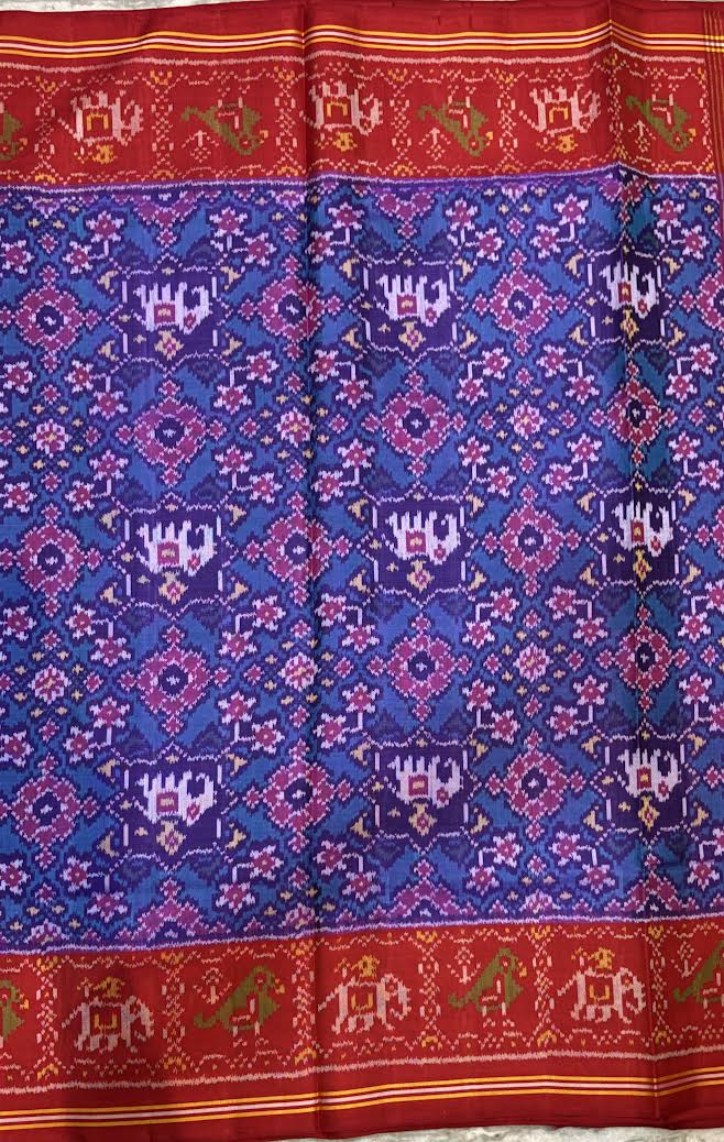 Authentic Blue & Red Pure Real Patola Silk Saree with Traditional Motifs