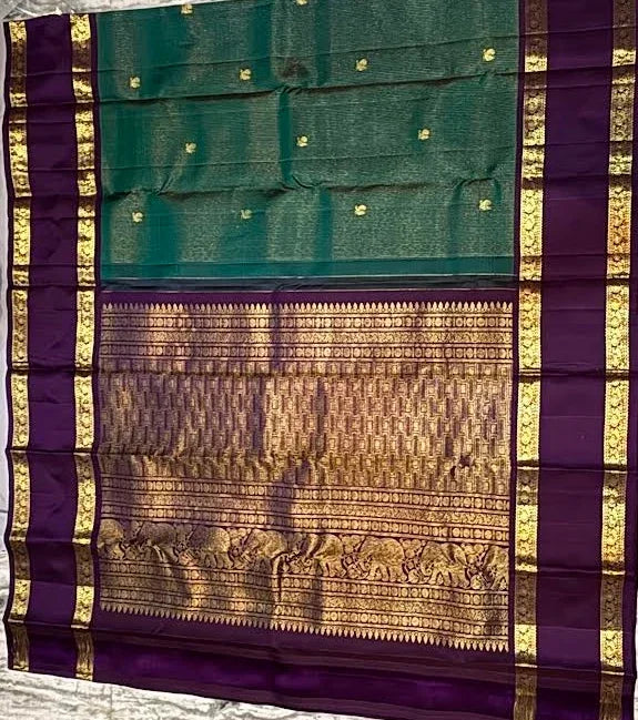Teal Green and Purple Pure Kanchipuram Pattu Saree with Price Elephant Zari Pallu | Bridal Silk - pochampallysarees.com