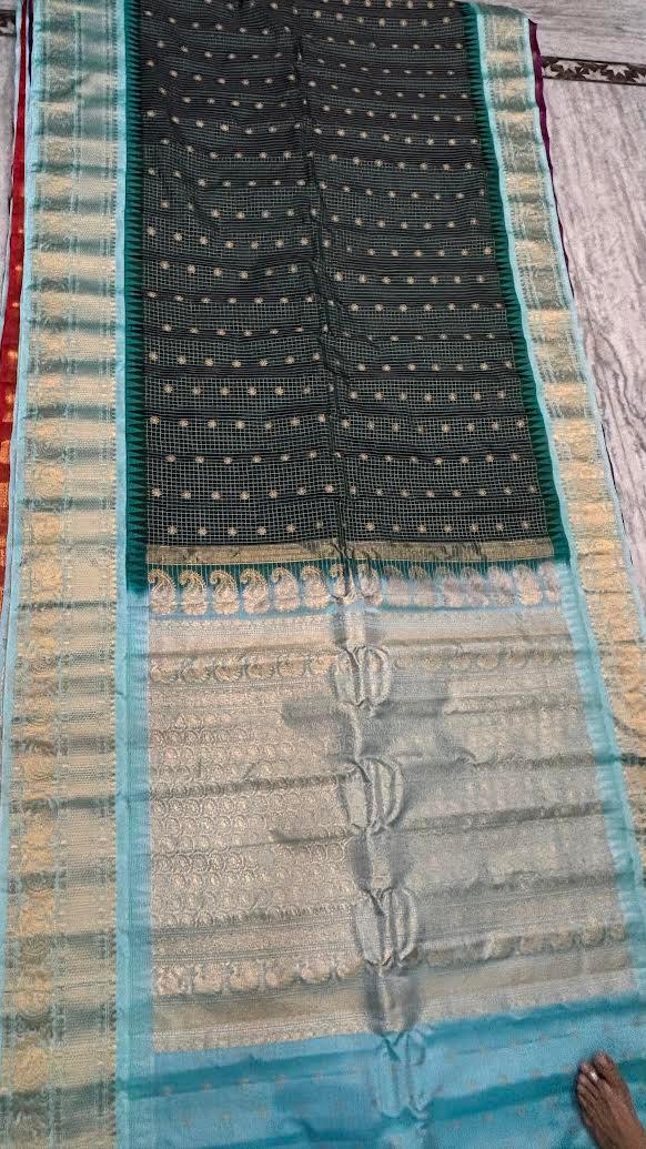 Pure Gadwal Silk Saree in Forest Green Checks with Light Blue Border - pochampallysarees.com
