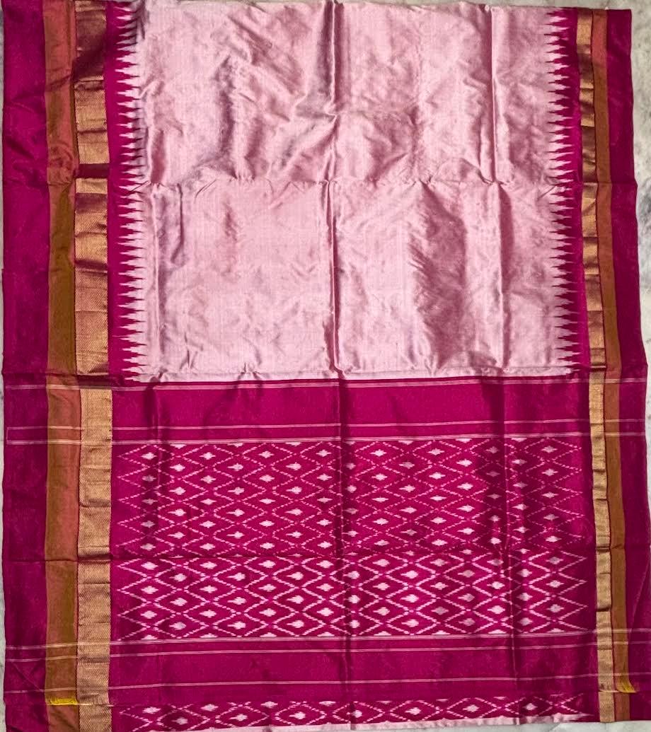 Elegant Light Pink & Magenta Ikat Silk Saree with Temple Border - pochampallysarees.com