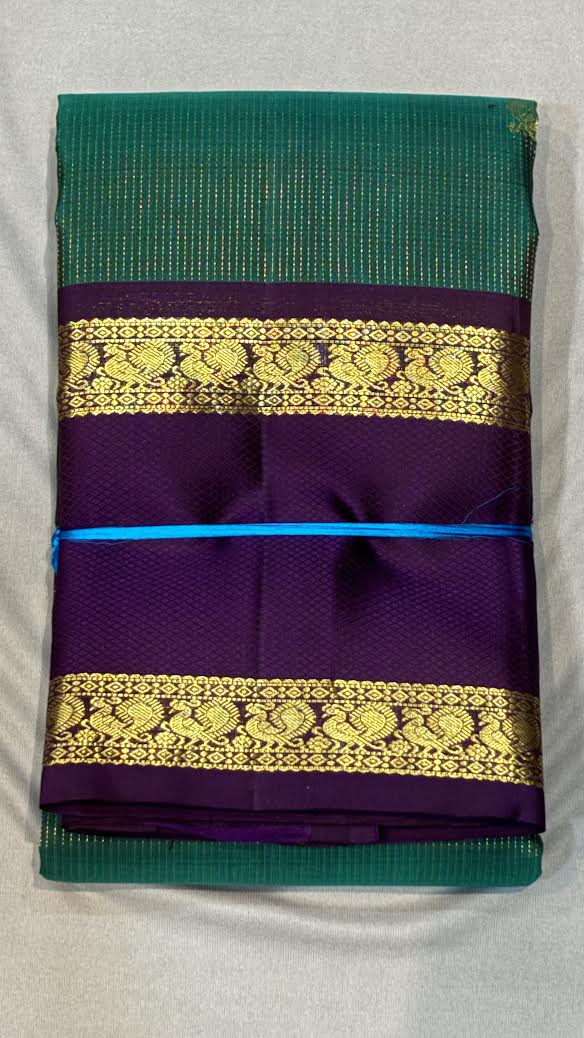 Teal Green and Purple Pure Kanchipuram Pattu Saree with Price Elephant Zari Pallu | Bridal Silk