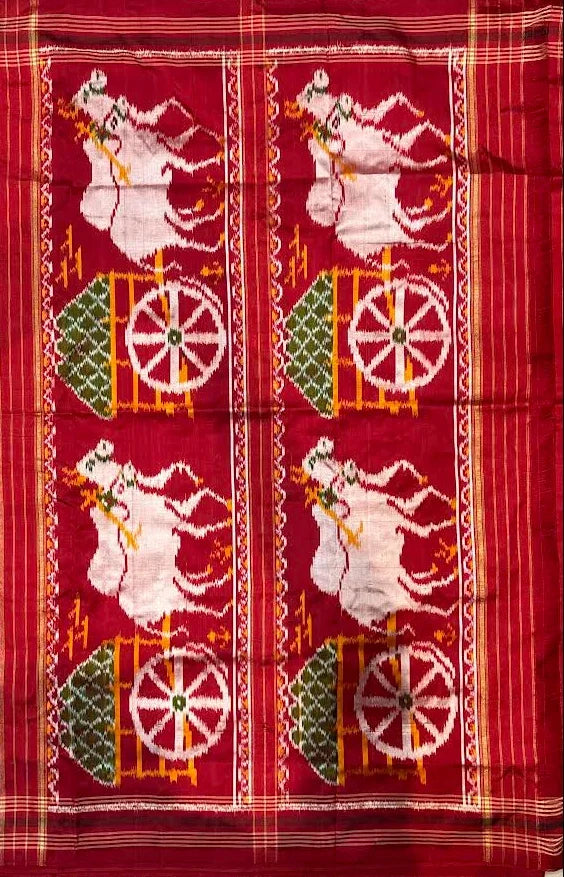 Authentic Pochampally Ikkat Patola Silk Saree with Traditional Elephant & Cart Motifs - pochampallysarees.com