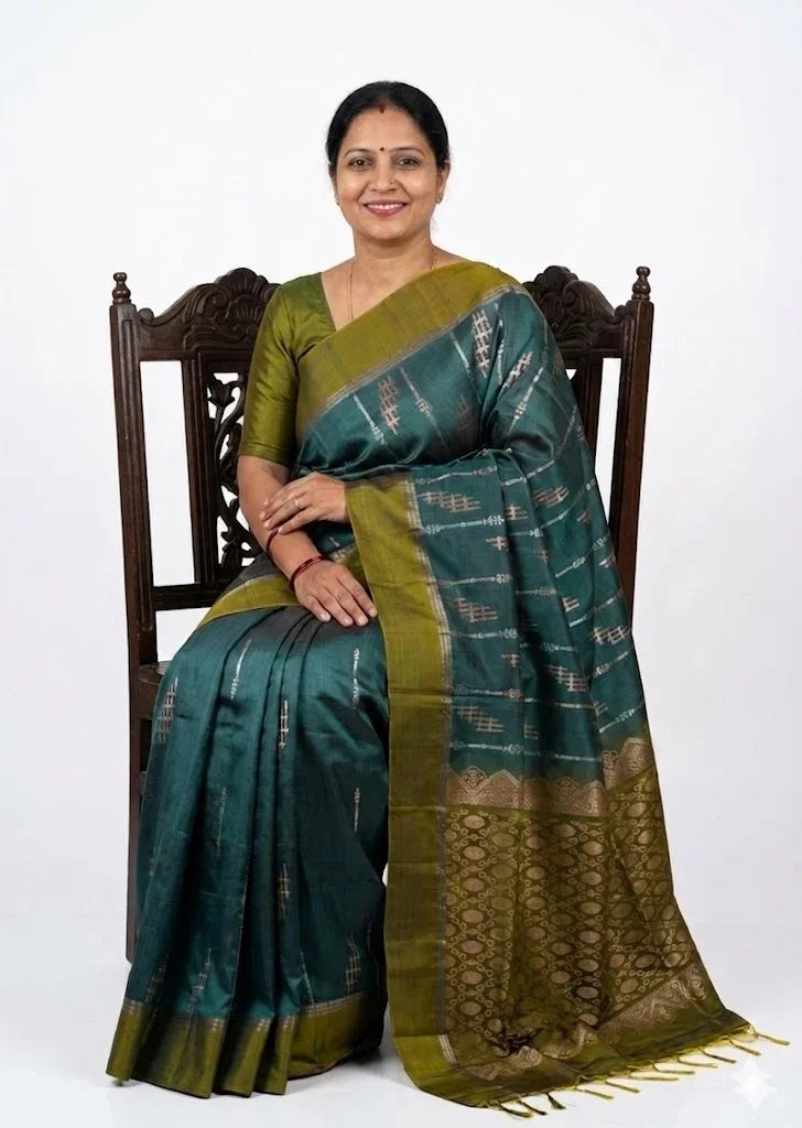 Teal Green Soft Silk Saree with Mustard Yellow Contrast Border & Woven Motifs - pochampallysarees.com