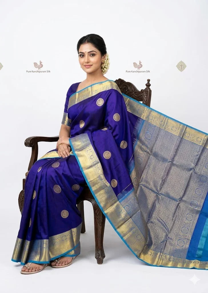 Royal Blue Pure Kanchipuram Pattu Saree with gold zari border with Sky Blue Zari Pallu | Handwoven Kanchi Pattu - pochampallysarees.com