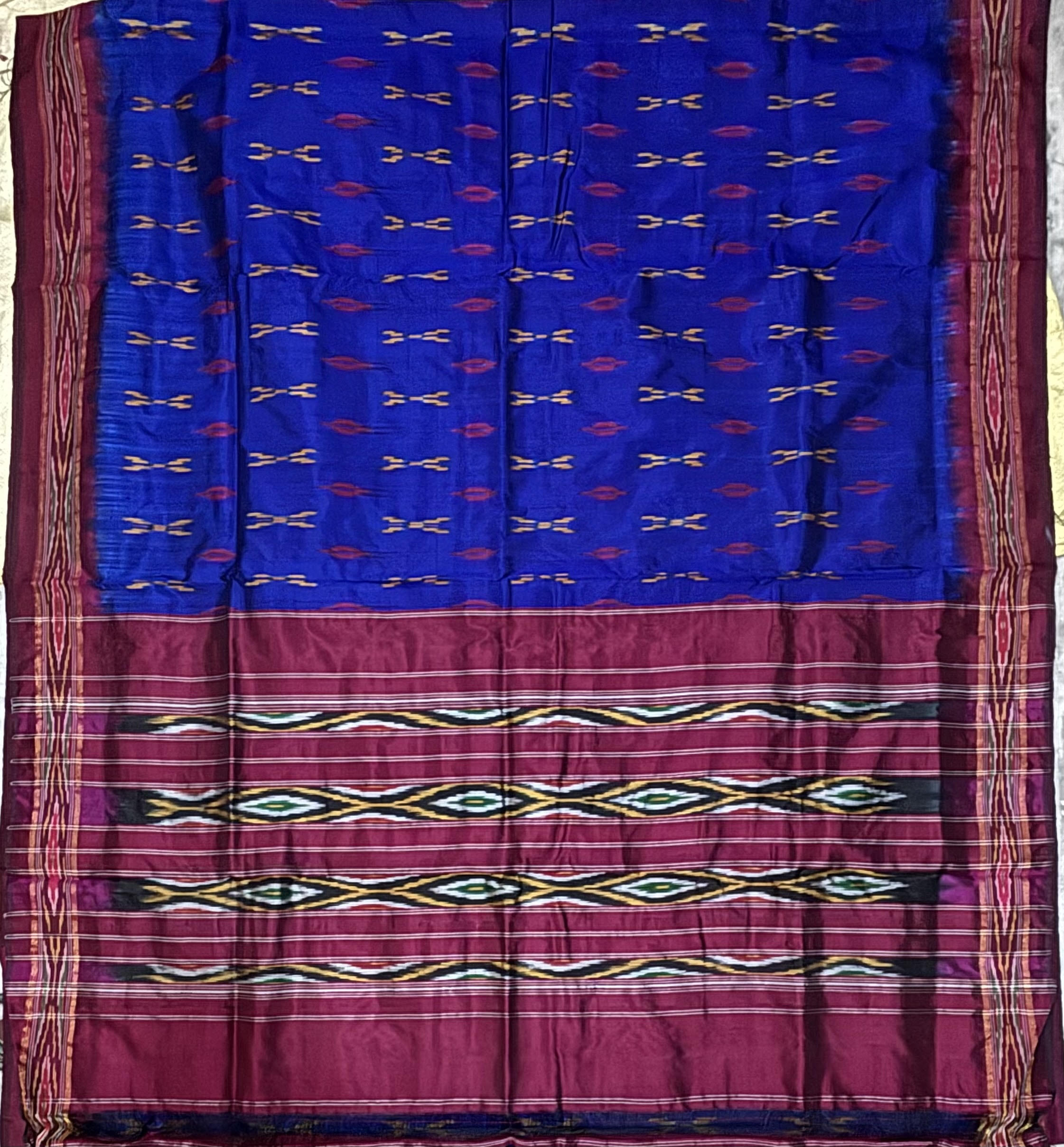 Royal Blue Pochampally Pure Silk Saree with Maroon Ikat Border & Pallu