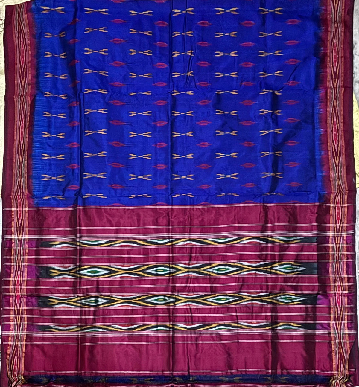 Royal Blue Pochampally Pure Silk Saree with Maroon Ikat Border & Pallu
