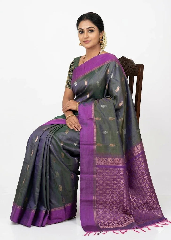 Elegant Dual-Tone Grey & Purple Pure Soft Silk Saree with Traditional Zari Pallu - pochampallysarees.com