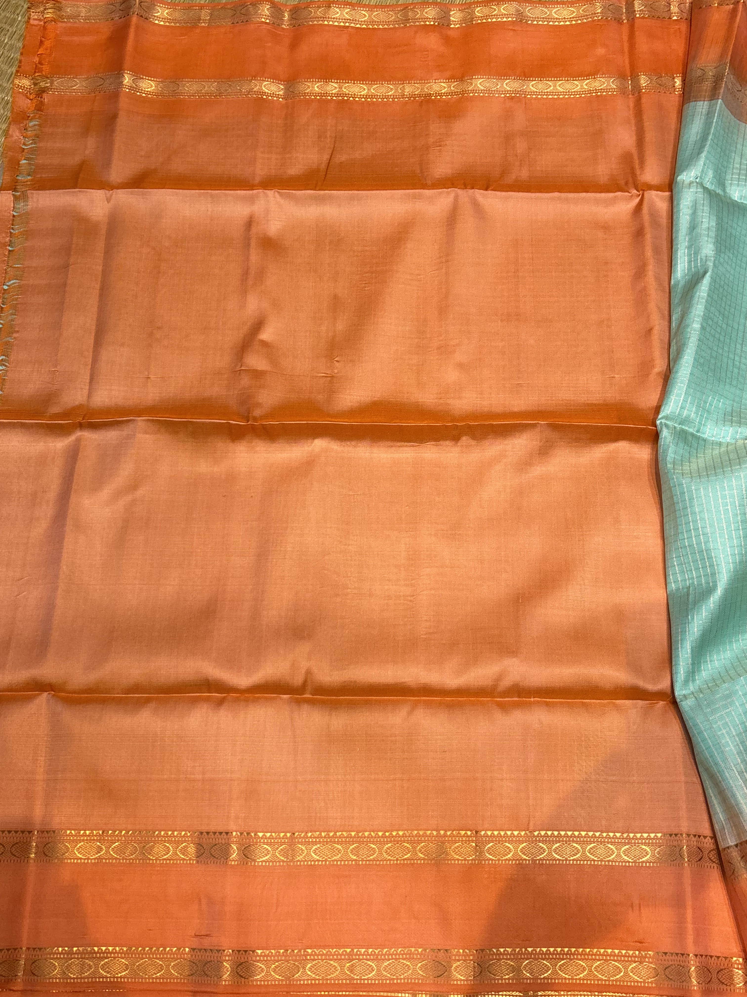 Authentic Sea Green & Copper Orange Kanchipuram Silk Saree with Silk Mark