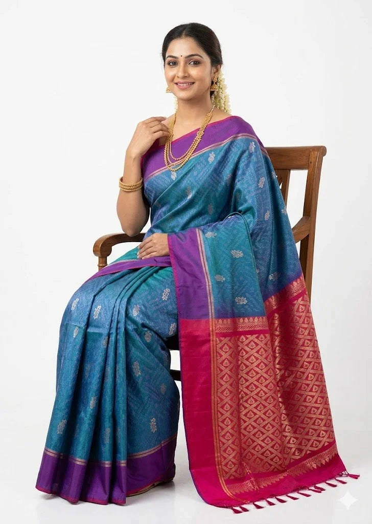 Premium Royal Blue Soft Silk Saree with Vibrant Magenta Pallu & Traditional Floral Motif Weave - pochampallysarees.com