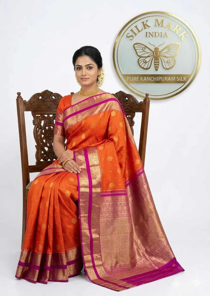 Vibrant Orange Pure Kanchipuram Pattu Saree with gold zari border with Magenta Gold Zari Border | Traditional Wedding Silk - pochampallysarees.com