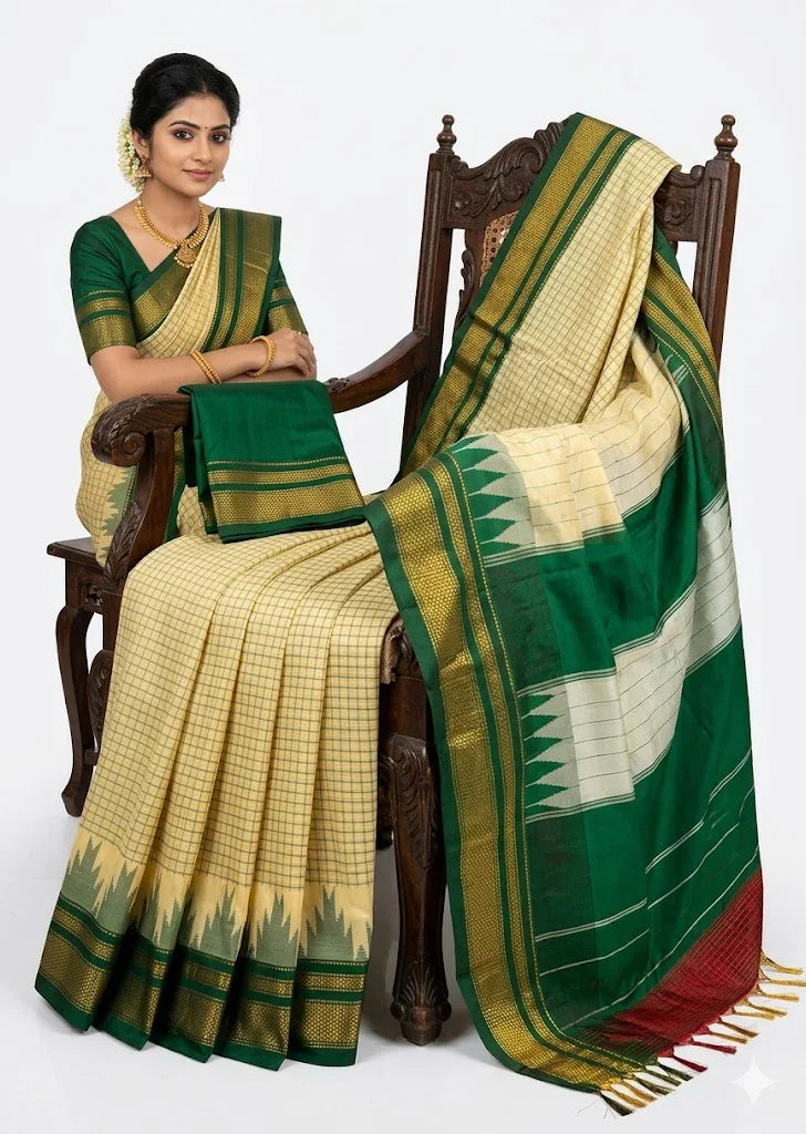 Pure Gadwal Silk Saree - Cream Check Pattern with Green Zari Border & Traditional Pallu - pochampallysarees.com