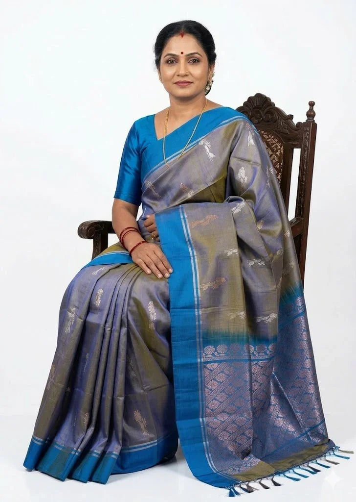 Elegant Dual-Tone Pure Soft Silk Saree with Ananda Blue Border & Blouse | Buy Online - pochampallysarees.com