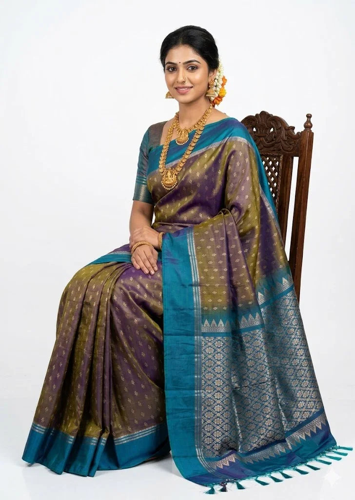 Exquisite Dual-Tone Soft Silk Saree with Peacock Blue Temple Border & Rich Zari Pallu - pochampallysarees.com