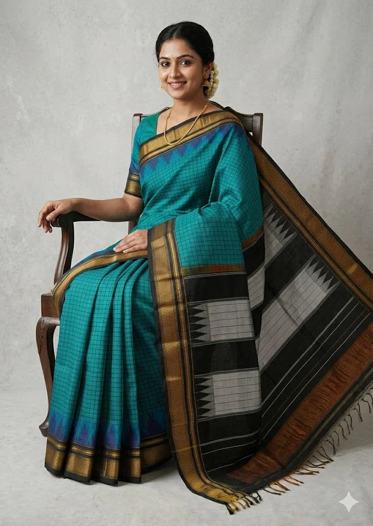 Teal Blue & Black Pure Gadwal Silk Saree with Temple Border - pochampallysarees.com